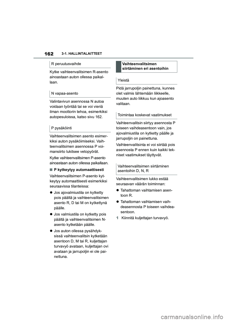 TOYOTA SUPRA 2021 Omistajan Käsikirja (in Finnish) 1623-1. HALLINTALAITTEET
Supran omistajan käsikirja_E (alkaen marraskuu 2020 tuotannosta)
Kytke vaihteenvalitsimen R-asento
ainoastaan auton ollessa paikal-
laan.
Valintavivun asennossa N autoa
voi TOYOTA SUPRA 2021 Omistajan Käsikirja (in Finnish) 1623-1. HALLINTALAITTEET
Supran omistajan käsikirja_E (alkaen marraskuu 2020 tuotannosta)
Kytke vaihteenvalitsimen R-asento
ainoastaan auton ollessa paikal-
laan.
Valintavivun asennossa N autoa
voi