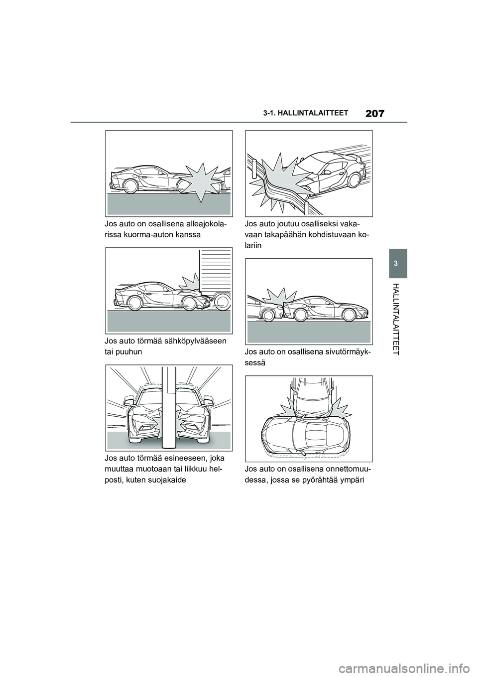 TOYOTA SUPRA 2021  Omistajan Käsikirja (in Finnish) 207
3
3-1. HALLINTALAITTEET
HALLINTALAITTEET
Supran omistajan käsikirja_E (alkaen marraskuu 2020 tuotannosta)
Jos auto on osallisena alleajokola-
rissa kuorma-auton kanssa
Jos auto törmää sähköp