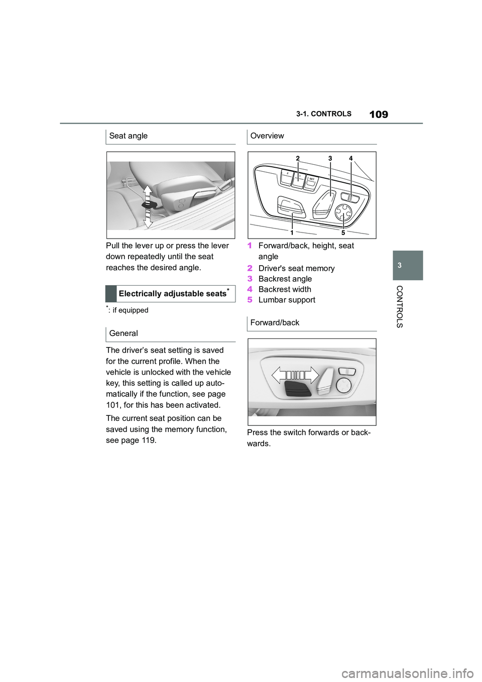 TOYOTA SUPRA 2022  Owners Manual 109
3 
3-1. CONTROLS
CONTROLS
Pull the lever up or press the lever  
down repeatedly until the seat 
reaches the desired angle.
*: if equipped
The driver’s seat setting is saved 
for the current pro