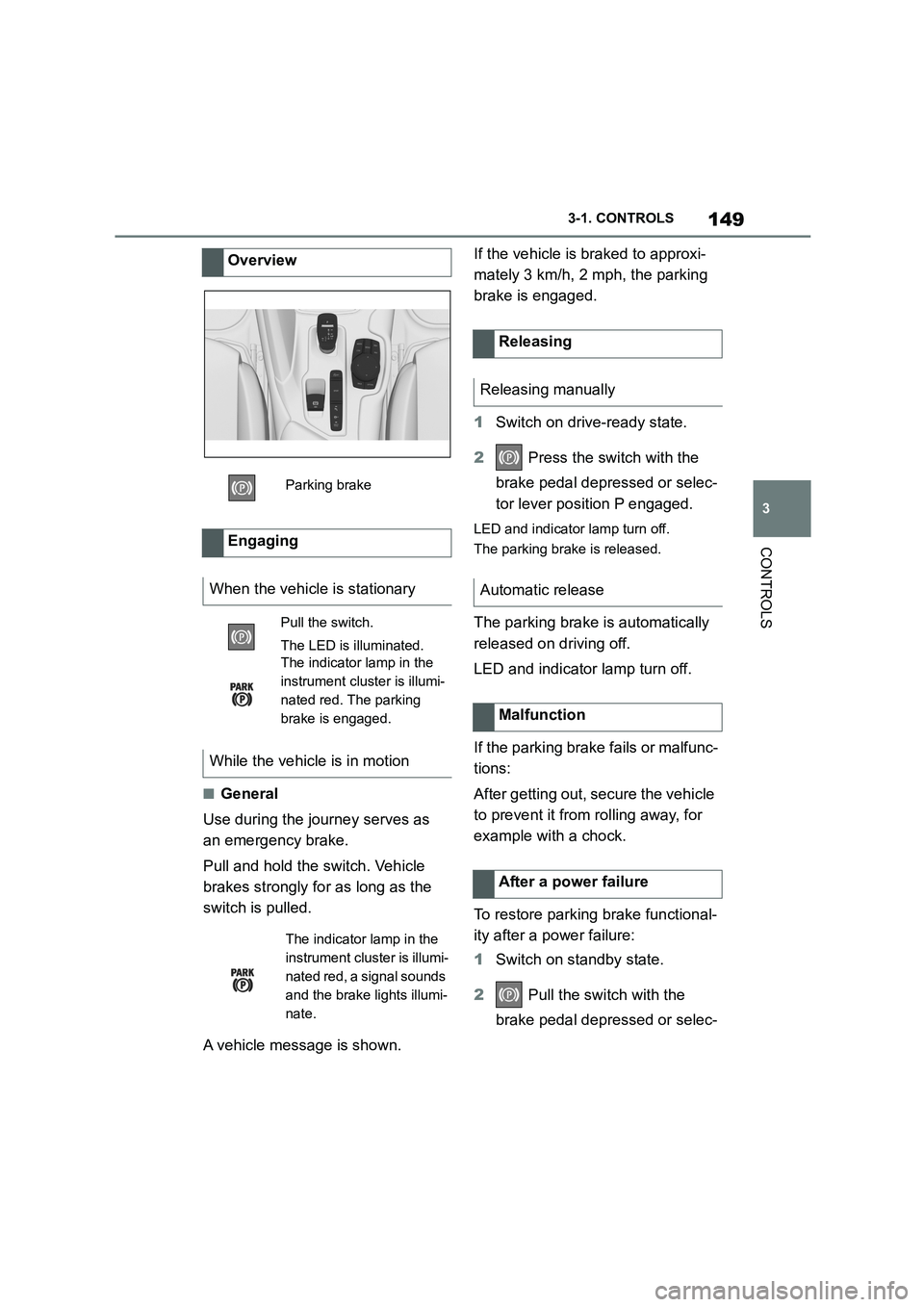 TOYOTA SUPRA 2022  Owners Manual 149
3 
3-1. CONTROLS
CONTROLS
■General 
Use during the journey serves as  
an emergency brake. 
Pull and hold the switch. Vehicle  
brakes strongly for as long as the 
switch is pulled. 
A vehicle m