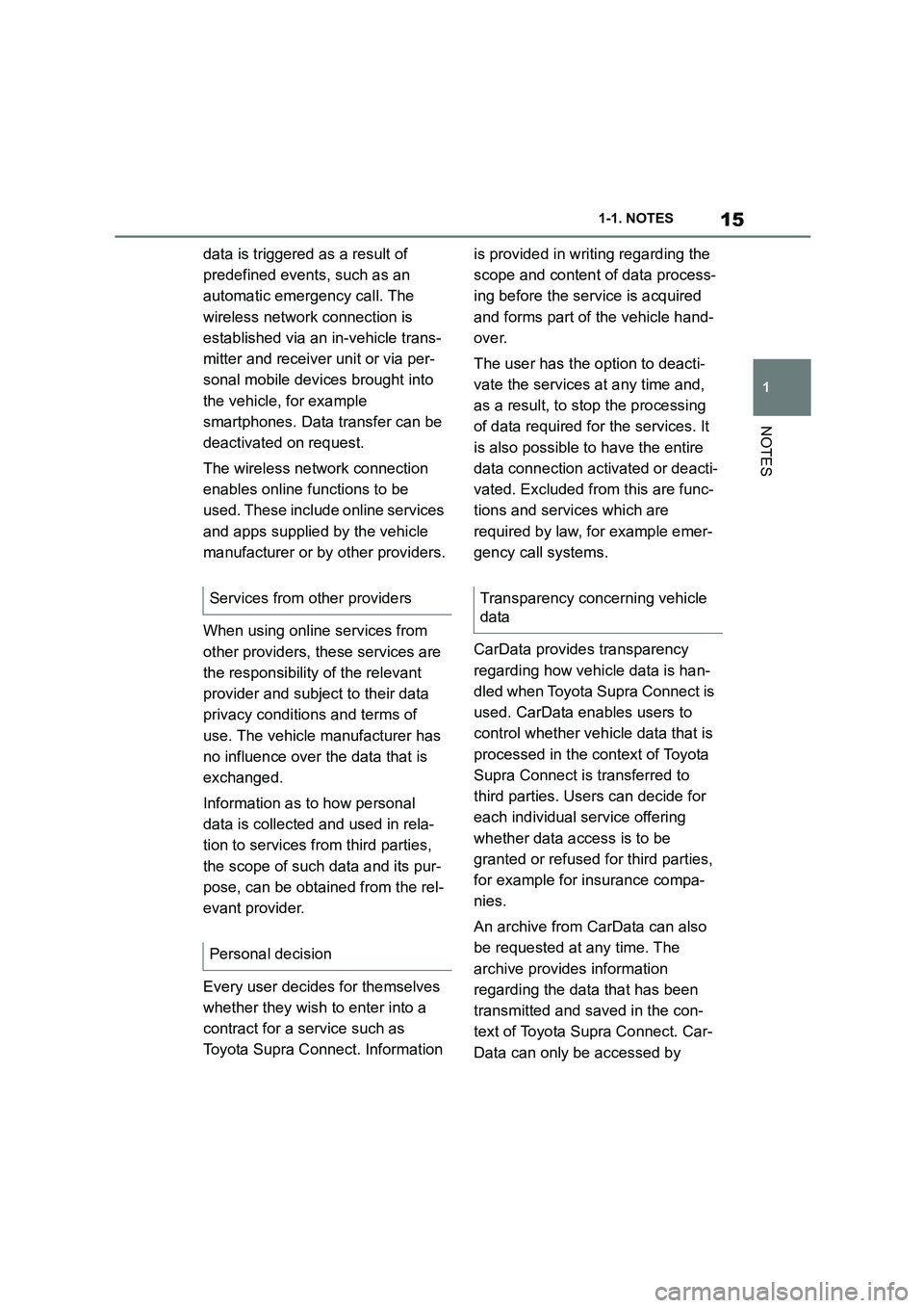 TOYOTA SUPRA 2022  Owners Manual 15
1 
1-1. NOTES
NOTES
data is triggered as a result of  
predefined events, such as an 
automatic emergency call. The 
wireless network connection is 
established via an in-vehicle trans-
mitter and 