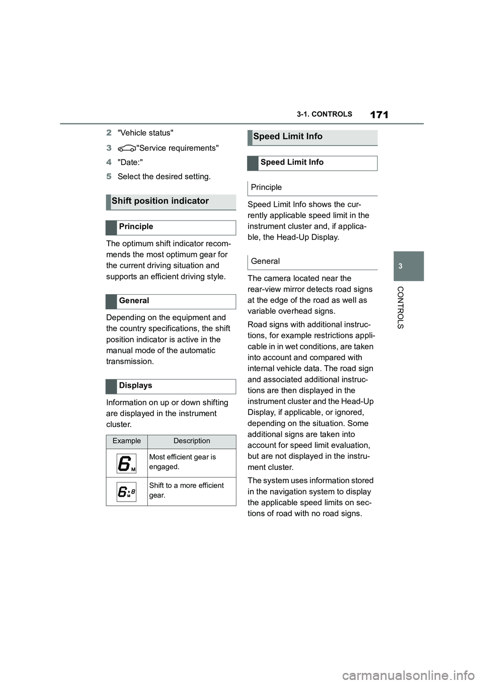 TOYOTA SUPRA 2022  Owners Manual 171
3 
3-1. CONTROLS
CONTROLS
2 "Vehicle status" 
3 "Service requirements" 
4 "Date:" 
5 Select the desired setting. 
The optimum shift indicator recom- 
mends the most optimum gear for 
the current d