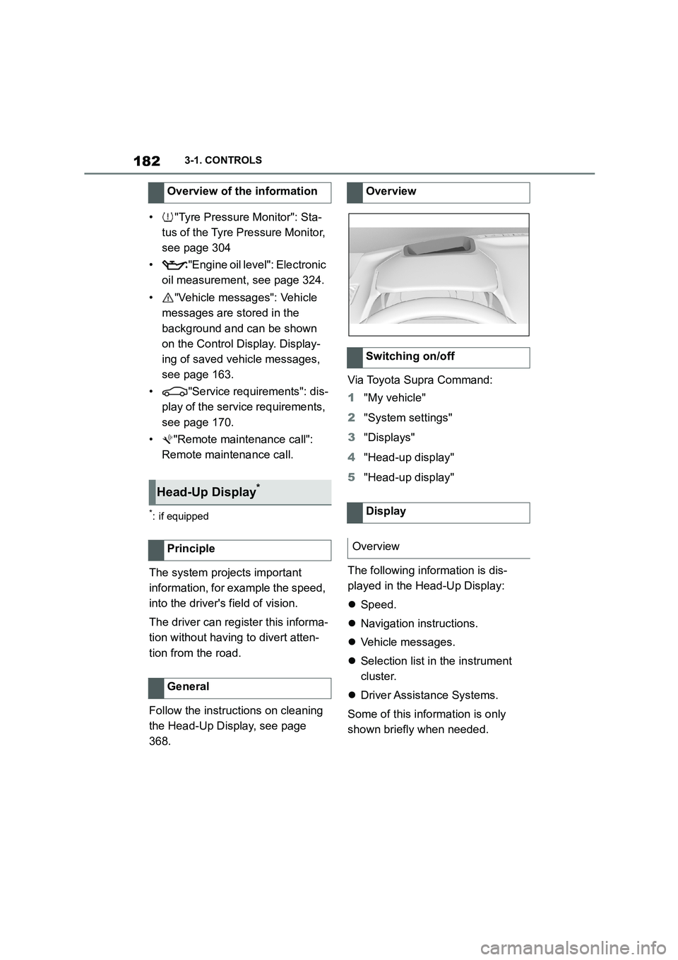 TOYOTA SUPRA 2022  Owners Manual 1823-1. CONTROLS
• "Tyre Pressure Monitor": Sta- 
tus of the Tyre Pressure Monitor, 
see page 304 
• "Engine oil leve l": Electronic  
oil measurement, see page 324. 
• "Vehicle messages": Vehic