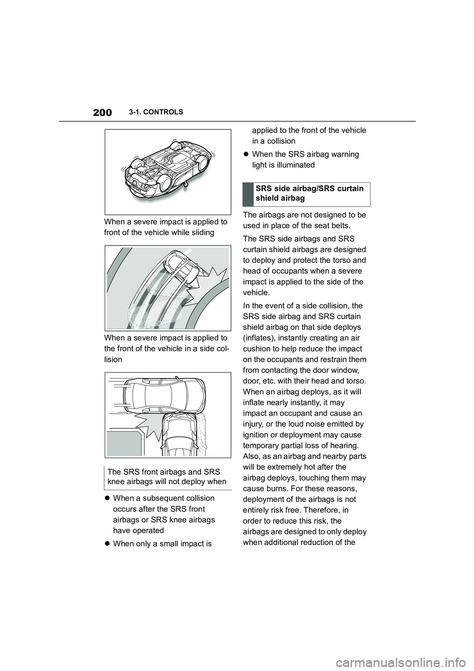 TOYOTA SUPRA 2022  Owners Manual 2003-1. CONTROLS
When a severe impact is applied to  
front of the vehicle while sliding 
When a severe impact  is applied to  
the front of the vehicle in a side col-
lision 
 When a subsequent co