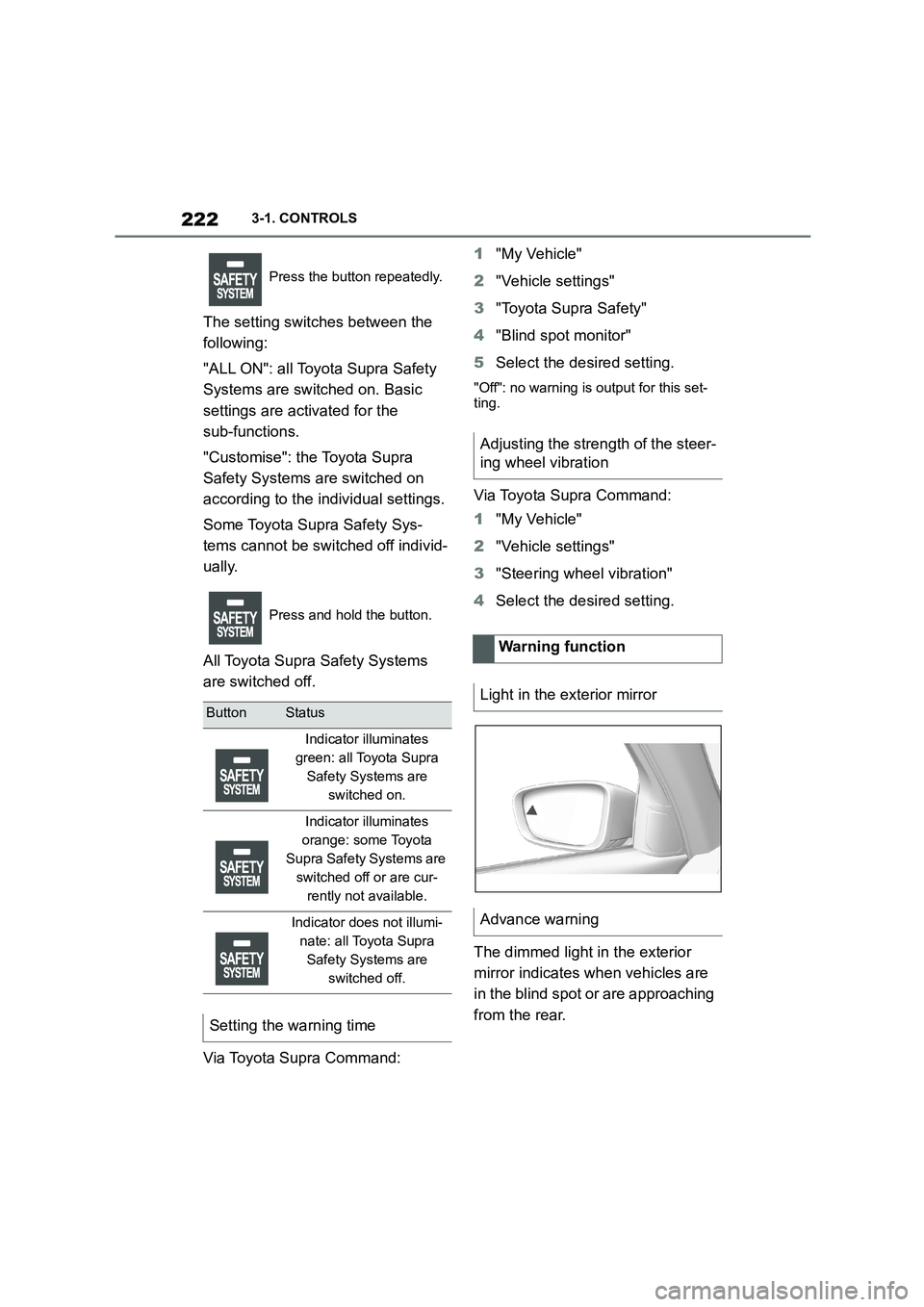 TOYOTA SUPRA 2022  Owners Manual 2223-1. CONTROLS
The setting switches between the  
following: 
"ALL ON": all Toyota Supra Safety  
Systems are switched on. Basic 
settings are activated for the 
sub-functions. 
"Customise": the Toy