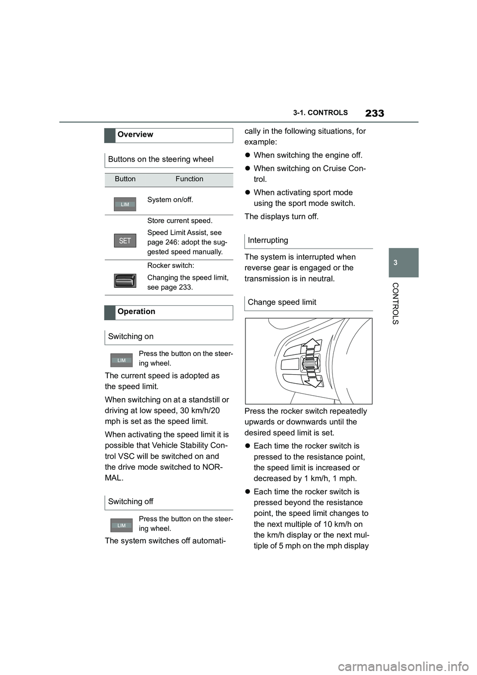 TOYOTA SUPRA 2022  Owners Manual 233
3 
3-1. CONTROLS
CONTROLS
The current speed is adopted as  
the speed limit. 
When switching on  at a standstill or  
driving at low speed, 30 km/h/20 
mph is set as the speed limit. 
When activat