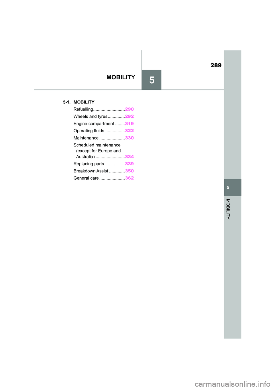TOYOTA SUPRA 2022  Owners Manual 5
289
5
MOBILITY
MOBILITY
.5-1. MOBILITY 
Refuelling.......................... 290 
Wheels and tyres .............. 292 
Engine compartment ........ 319 
Operating fluids ................ 322 
Mainten