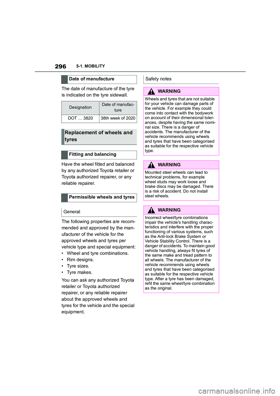 TOYOTA SUPRA 2022  Owners Manual 2965-1. MOBILITY
The date of manufacture of the tyre  
is indicated on the tyre sidewall. 
Have the wheel fitted and balanced  
by any authorized Toyota retailer or 
Toyota authorized repairer, or any