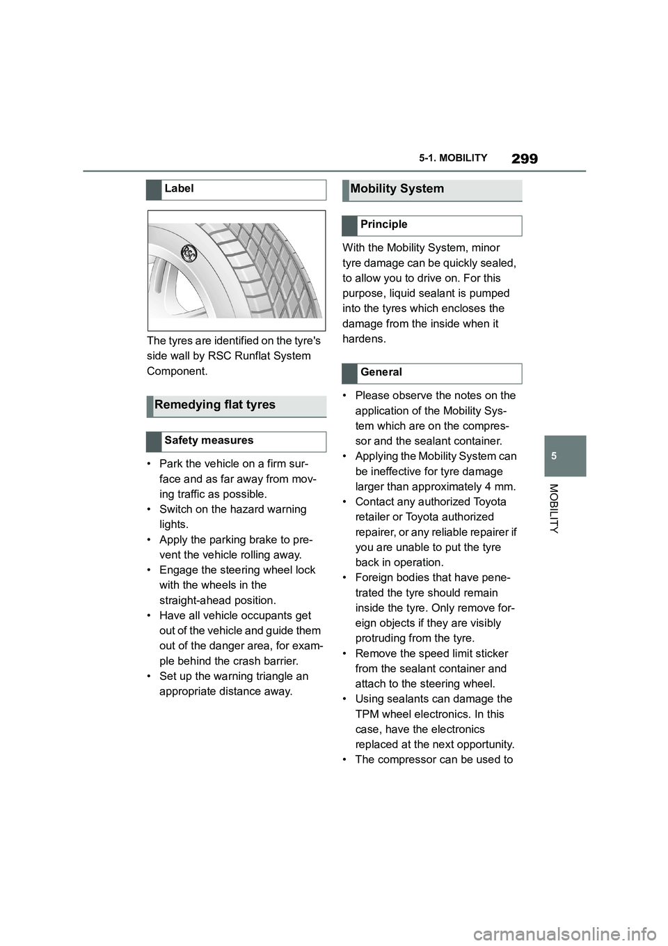 TOYOTA SUPRA 2022  Owners Manual 299
5 
5-1. MOBILITY
MOBILITY
The tyres are identified on the tyres  
side wall by RSC Runflat System 
Component. 
• Park the vehicle on a firm sur- 
face and as far away from mov-
ing traffic as p