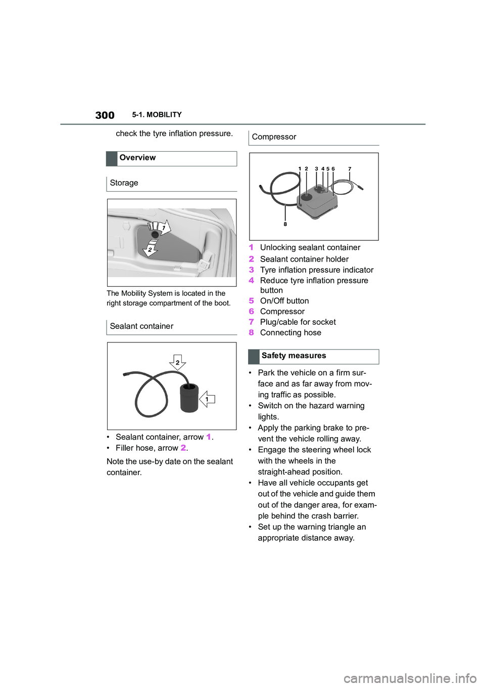 TOYOTA SUPRA 2022  Owners Manual 3005-1. MOBILITY
check the tyre inflation pressure.
The Mobility System is located in the  
right storage compartment of the boot.
• Sealant container, arrow  1. 
• Filler hose, arrow  2. 
Note th