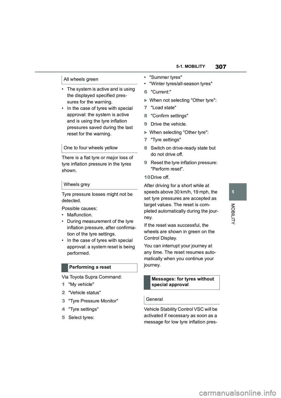 TOYOTA SUPRA 2022  Owners Manual 307
5 
5-1. MOBILITY
MOBILITY
• The system is active and is using  
the displayed specified pres-
sures for the warning.
• In the case of tyres with special 
approval: the system is active 
and is