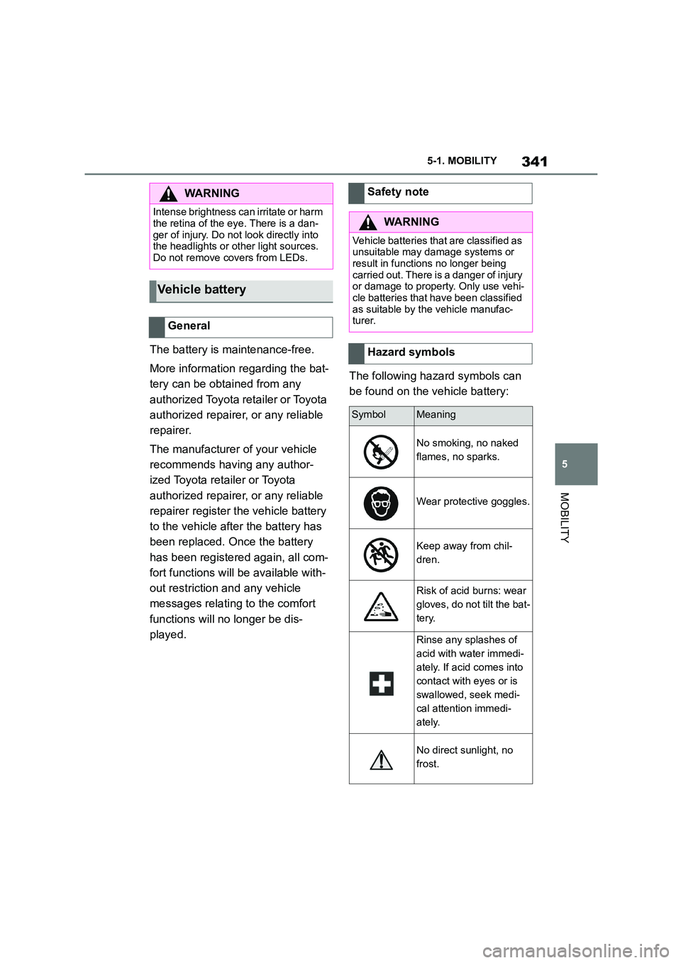 TOYOTA SUPRA 2022  Owners Manual 341
5 
5-1. MOBILITY
MOBILITY
The battery is maintenance-free. 
More information regarding the bat- 
tery can be obtained from any 
authorized Toyota retailer or Toyota 
authorized repairer, or any re