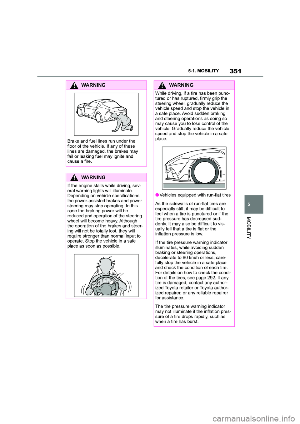 TOYOTA SUPRA 2022  Owners Manual 351
5 
5-1. MOBILITY
MOBILITY
WA R N I N G
Brake and fuel lines run under the  
floor of the vehicle. If any of these 
lines are damaged, the brakes may 
fail or leaking fuel may ignite and  cause a f