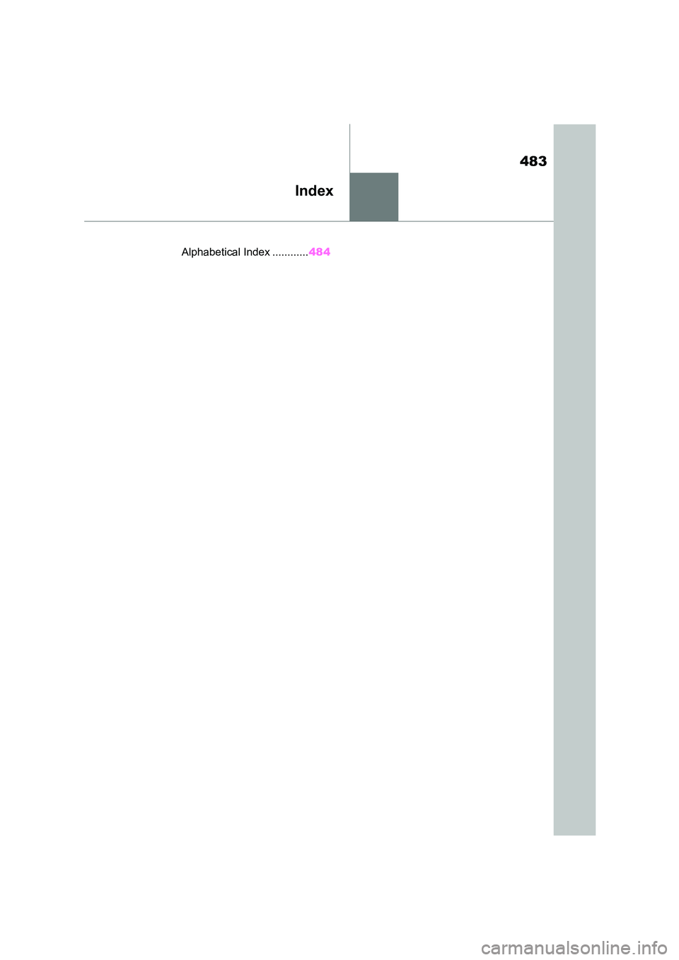 TOYOTA SUPRA 2022  Owners Manual 483
Index
.Alphabetical Index ............484 