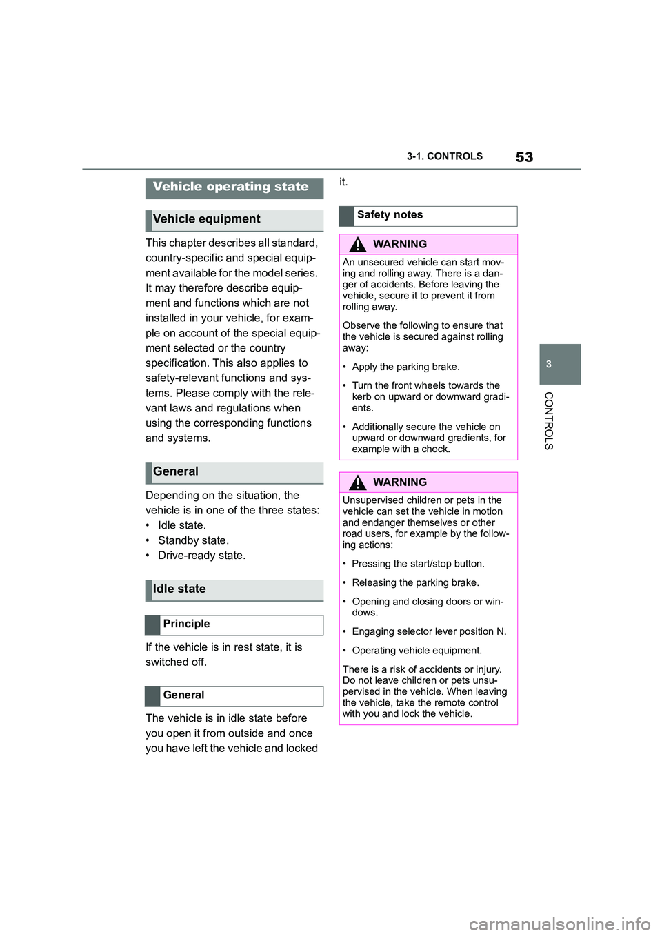 TOYOTA SUPRA 2022  Owners Manual 53
3 
3-1. CONTROLS
CONTROLS
This chapter describes all standard,  
country-specific and special equip-
ment available for the model series. 
It may therefore describe equip-
ment and functions which 