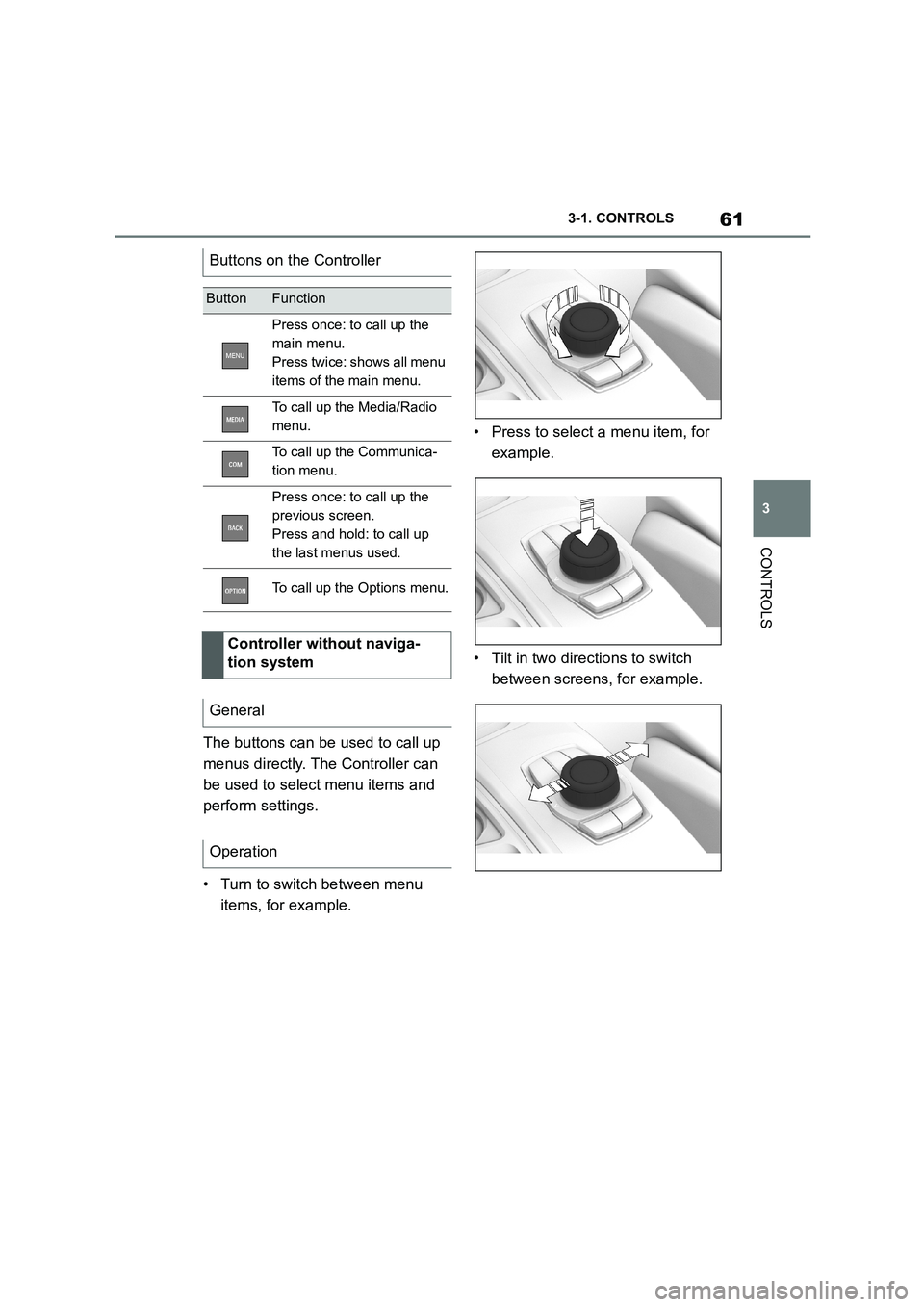 TOYOTA SUPRA 2022  Owners Manual 61
3 
3-1. CONTROLS
CONTROLS
The buttons can be used to call up  
menus directly. The Controller can 
be used to select menu items and 
perform settings. 
• Turn to switch between menu  
items, for 