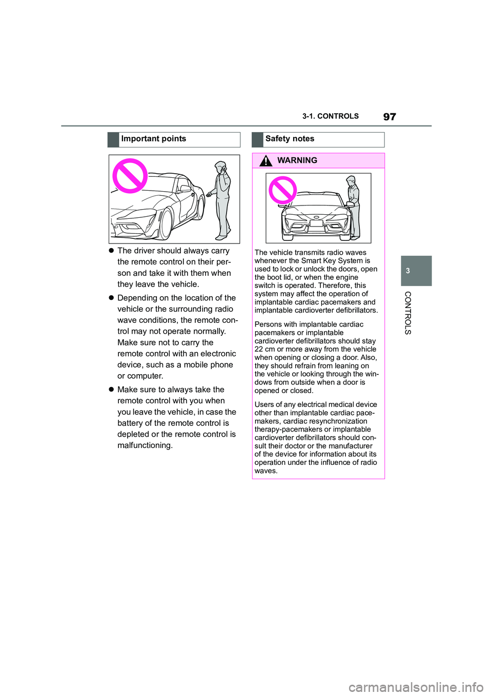 TOYOTA SUPRA 2022  Owners Manual 97
3 
3-1. CONTROLS
CONTROLS
 The driver should always carry  
the remote control on their per-
son and take it with them when 
they leave the vehicle. 
 Depending on the location of the  
vehic
