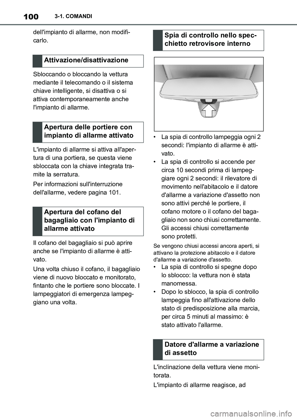 TOYOTA SUPRA 2022  Manuale duso (in Italian) 1003-1. COMANDI
dellimpianto di allarme, non modifi-
carlo.
Sbloccando o bloccando la vettura 
mediante il telecomando o il sistema 
chiave intelligente, si disattiva o si 
attiva contemporaneamente 