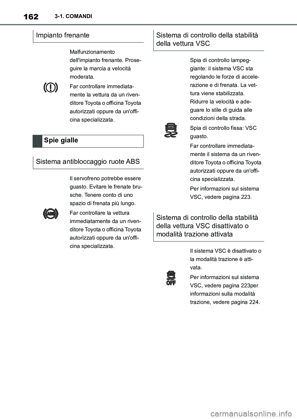 TOYOTA SUPRA 2022  Manuale duso (in Italian) 1623-1. COMANDI
Impianto frenante
Malfunzionamento 
dellimpianto frenante. Prose-
guire la marcia a velocità 
moderata.
Far controllare immediata-
mente la vettura da un riven-
ditore Toyota o offic