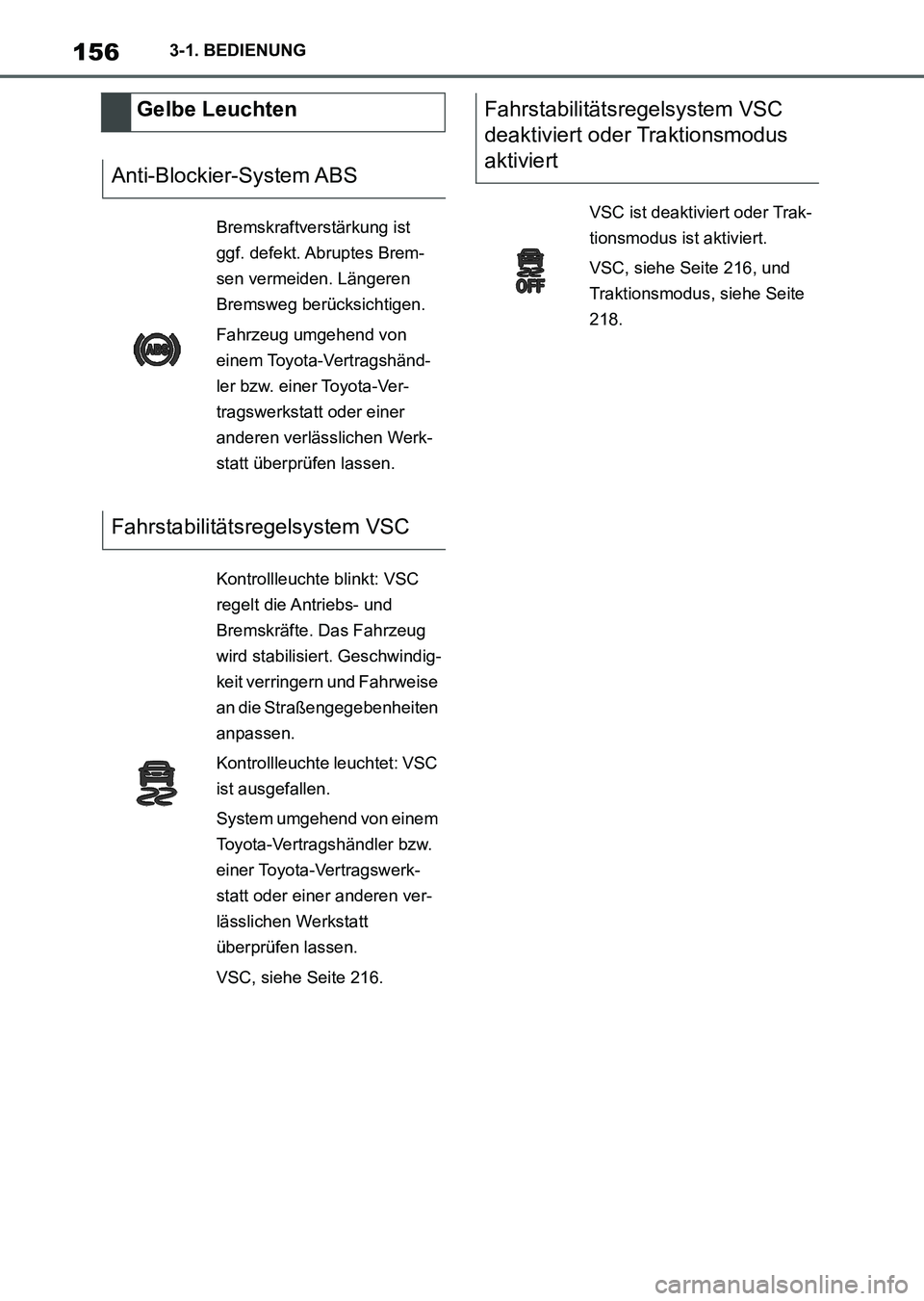 TOYOTA SUPRA 2022 Betriebsanleitungen (in German) 1563-1. BEDIENUNG
Gelbe Leuchten
Anti-Blockier-System ABS
Bremskraftverstärkung ist
ggf. defekt. Abruptes Brem-
sen vermeiden. Längeren
Bremsweg berücksichtigen.
Fahrzeug umgehend von
einem Toyo TOYOTA SUPRA 2022 Betriebsanleitungen (in German) 1563-1. BEDIENUNG
Gelbe Leuchten
Anti-Blockier-System ABS
Bremskraftverstärkung ist
ggf. defekt. Abruptes Brem-
sen vermeiden. Längeren
Bremsweg berücksichtigen.
Fahrzeug umgehend von
einem Toyo