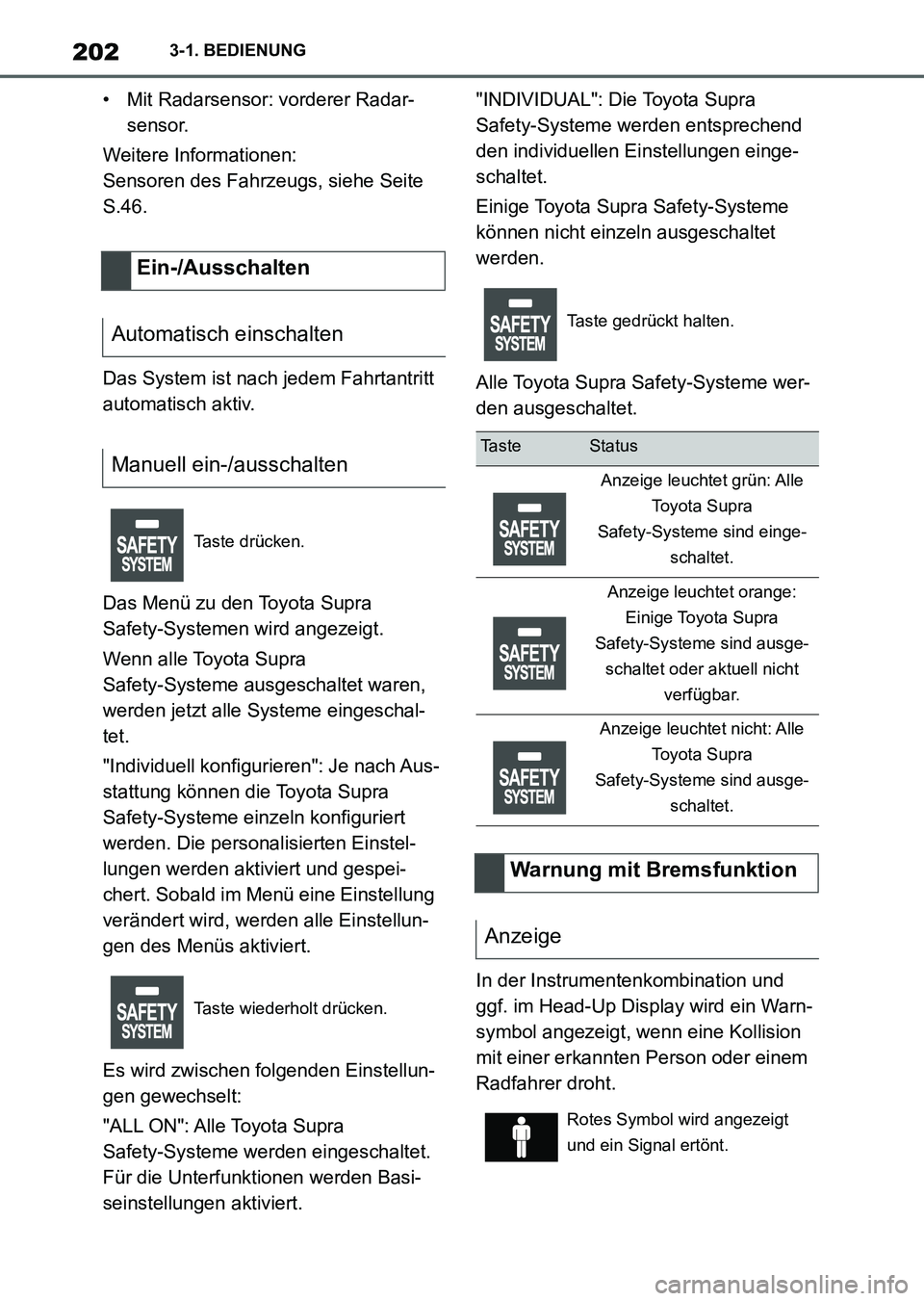 TOYOTA SUPRA 2022  Betriebsanleitungen (in German) 2023-1. BEDIENUNG
• Mit Radarsensor: vorderer Radar-
sensor.
Weitere Informationen:
Sensoren des Fahrzeugs, siehe Seite 
S.46.
Das System ist nach jedem Fahrtantritt 
automatisch aktiv.
Das Menü zu