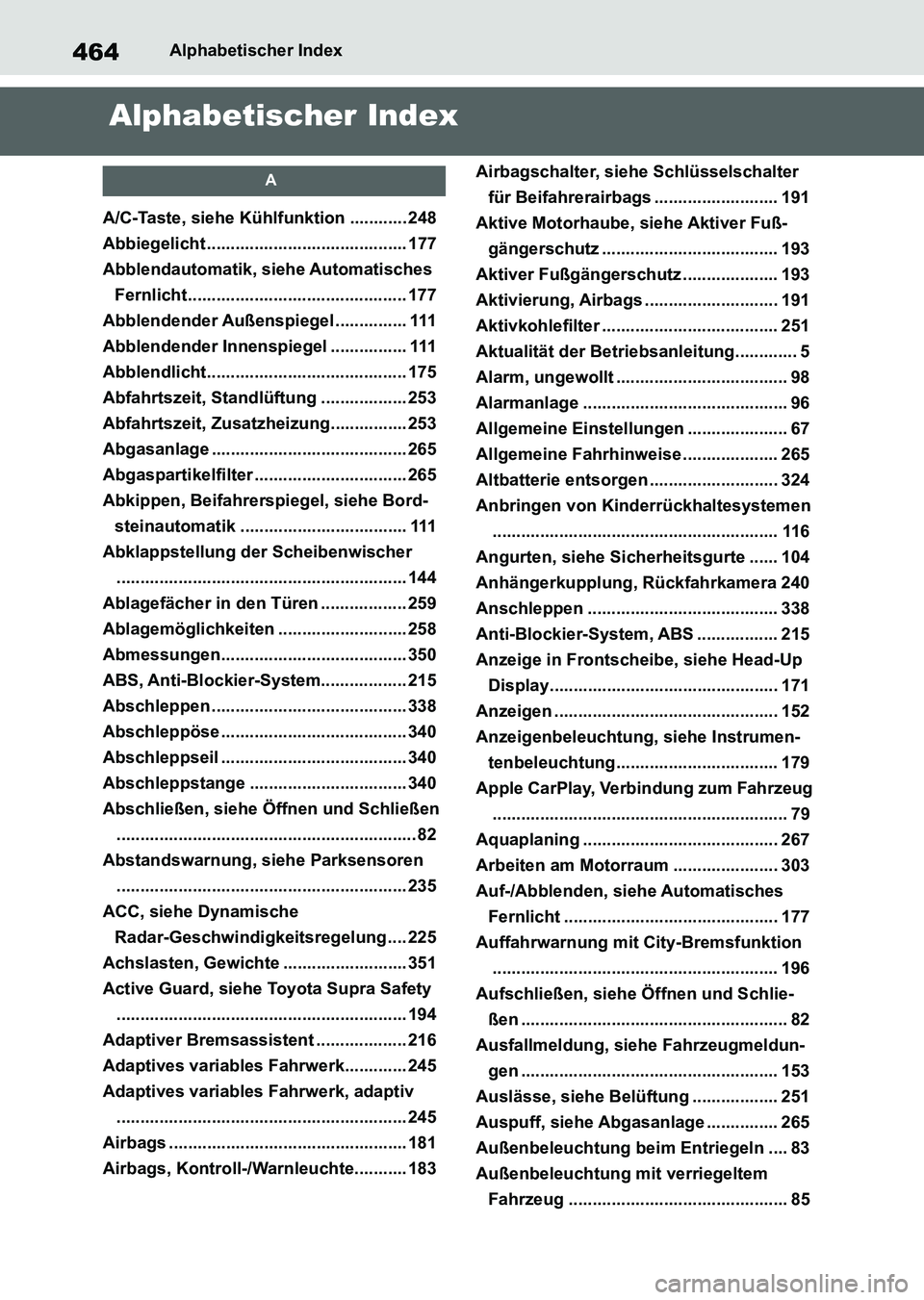 TOYOTA SUPRA 2022  Betriebsanleitungen (in German) 464Alphabetischer Index
Alphabetischer Index
A
A/C-Taste, siehe Kühlfunktion ............ 248
Abbiegelicht .......................................... 177
Abblendautomatik, siehe Automatisches 
Fernli