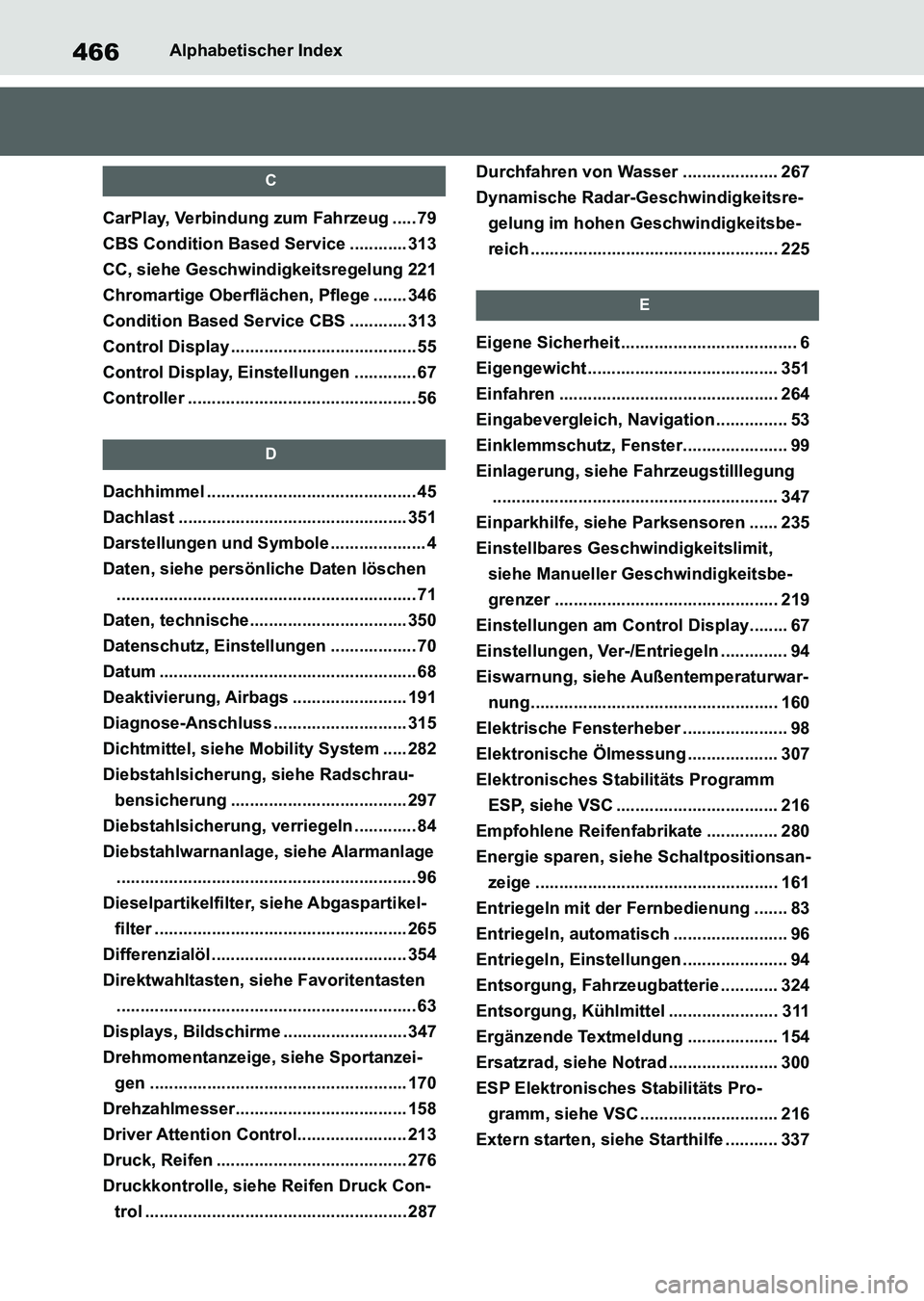 TOYOTA SUPRA 2022  Betriebsanleitungen (in German) 466Alphabetischer Index
C
CarPlay, Verbindung zum Fahrzeug ..... 79
CBS Condition Based Service ............ 313
CC, siehe Geschwindigkeitsregelung 221
Chromartige Oberflächen, Pflege ....... 346
Con