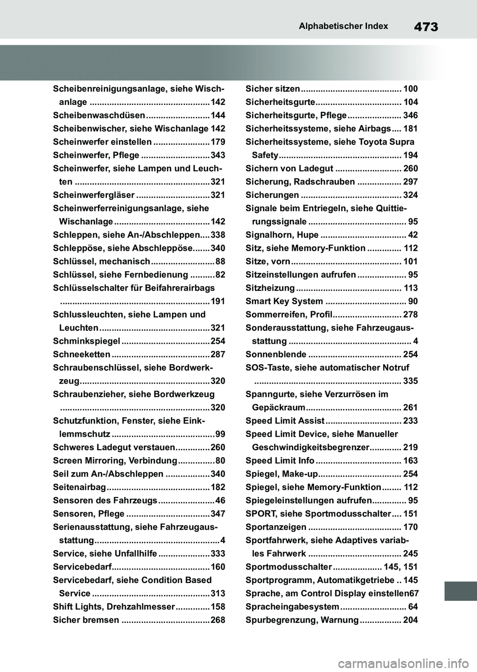 TOYOTA SUPRA 2022  Betriebsanleitungen (in German) 473Alphabetischer Index
Scheibenreinigungsanlage, siehe Wisch-
anlage ................................................. 142
Scheibenwaschdüsen .......................... 144
Scheibenwischer, siehe Wi