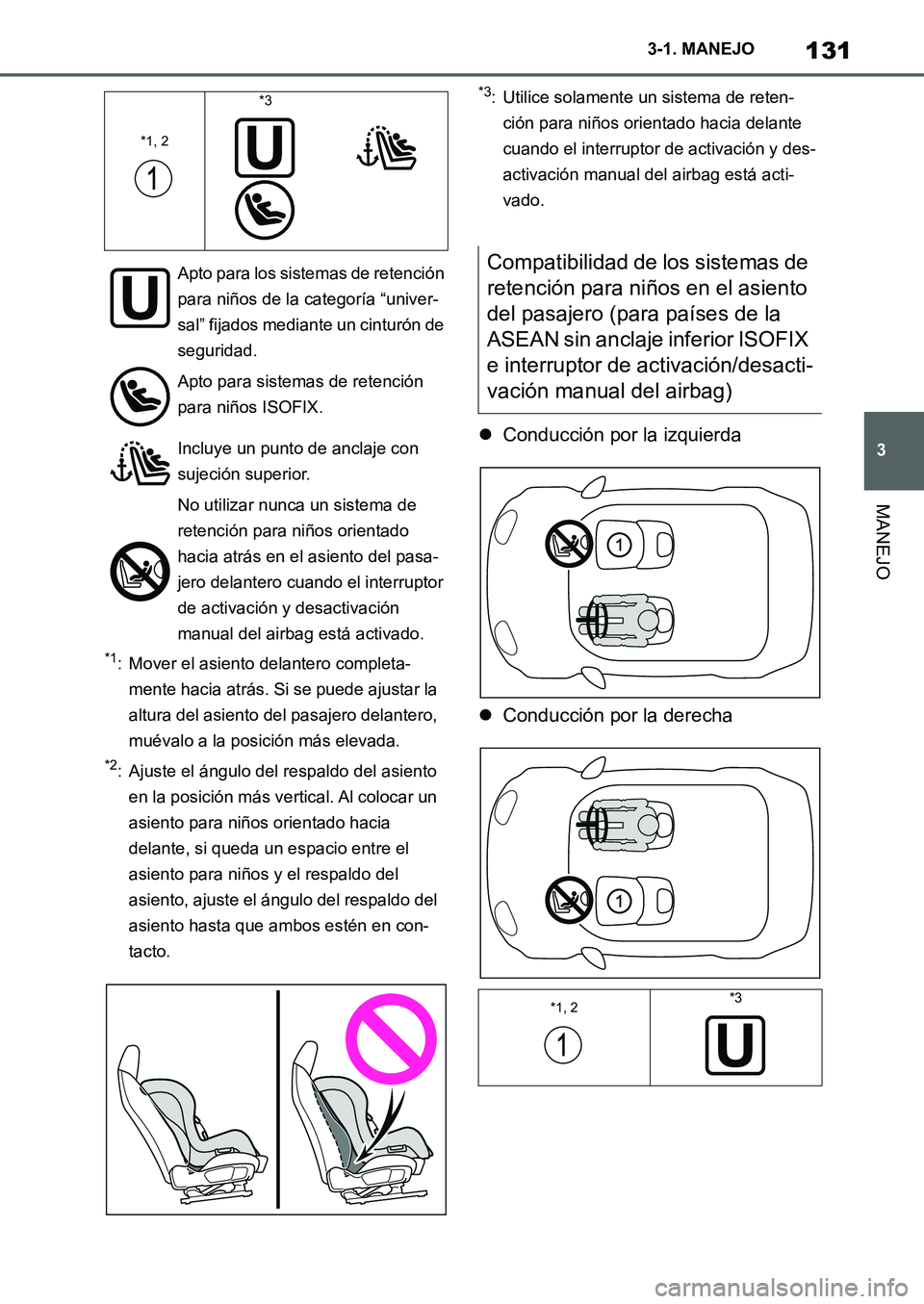 TOYOTA SUPRA 2022 Manuale de Empleo (in Spanish) 131
3 3-1. MANEJO
MANEJO
*1: Mover el asiento delantero completa-
mente hacia atrás. Si se puede ajustar la
altura del asiento del pasajero delantero,
muévalo a la posición más elevada.
*2: Ajus TOYOTA SUPRA 2022 Manuale de Empleo (in Spanish) 131
3 3-1. MANEJO
MANEJO
*1: Mover el asiento delantero completa-
mente hacia atrás. Si se puede ajustar la
altura del asiento del pasajero delantero,
muévalo a la posición más elevada.
*2: Ajus