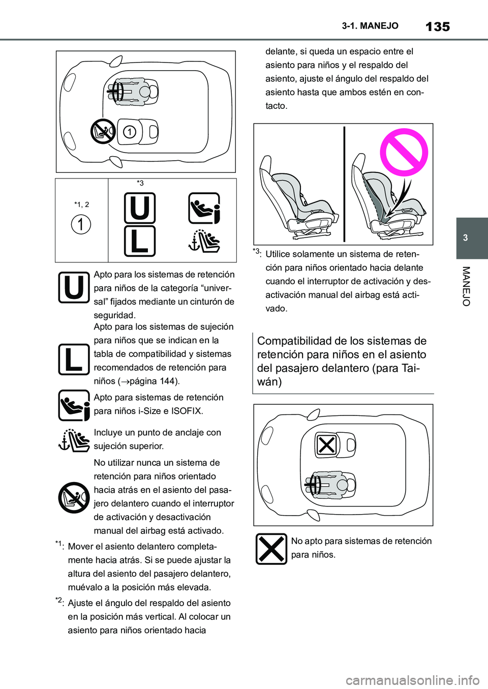 TOYOTA SUPRA 2022 Manuale de Empleo (in Spanish) 135
3 3-1. MANEJO
MANEJO
*1: Mover el asiento delantero completa-
mente hacia atrás. Si se puede ajustar la
altura del asiento del pasajero delantero,
muévalo a la posición más elevada.
*2: Ajus TOYOTA SUPRA 2022 Manuale de Empleo (in Spanish) 135
3 3-1. MANEJO
MANEJO
*1: Mover el asiento delantero completa-
mente hacia atrás. Si se puede ajustar la
altura del asiento del pasajero delantero,
muévalo a la posición más elevada.
*2: Ajus
