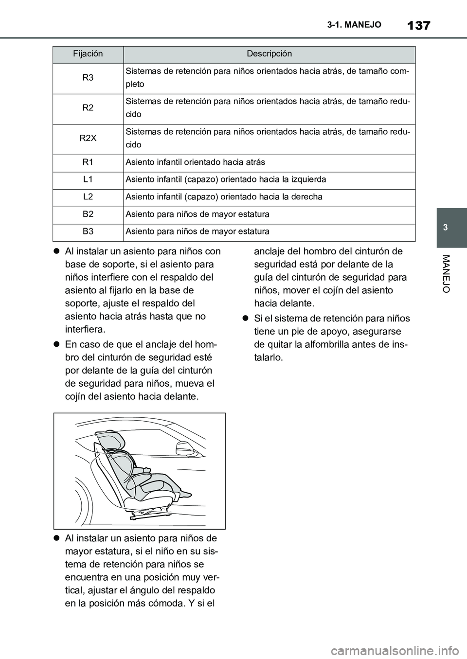 TOYOTA SUPRA 2022 Manuale de Empleo (in Spanish) 137
3 3-1. MANEJO
MANEJOAl instalar un asiento para niños con
base de soporte, si el asiento para
niños interfiere con el respaldo del
asiento al fijarlo en la base de
soporte, ajuste el resp TOYOTA SUPRA 2022 Manuale de Empleo (in Spanish) 137
3 3-1. MANEJO
MANEJOAl instalar un asiento para niños con
base de soporte, si el asiento para
niños interfiere con el respaldo del
asiento al fijarlo en la base de
soporte, ajuste el resp