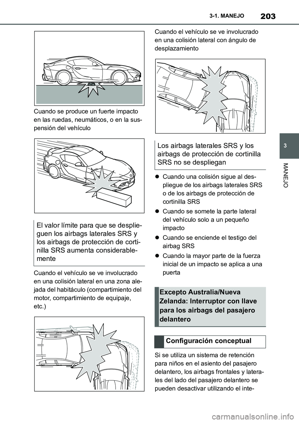 TOYOTA SUPRA 2022  Manuale de Empleo (in Spanish) 203
3 3-1. MANEJO
MANEJO
Cuando se produce un fuerte impacto 
en las ruedas, neumáticos, o en la sus-
pensión del vehículo
Cuando el vehículo se ve involucrado 
en una colisión lateral en una zon