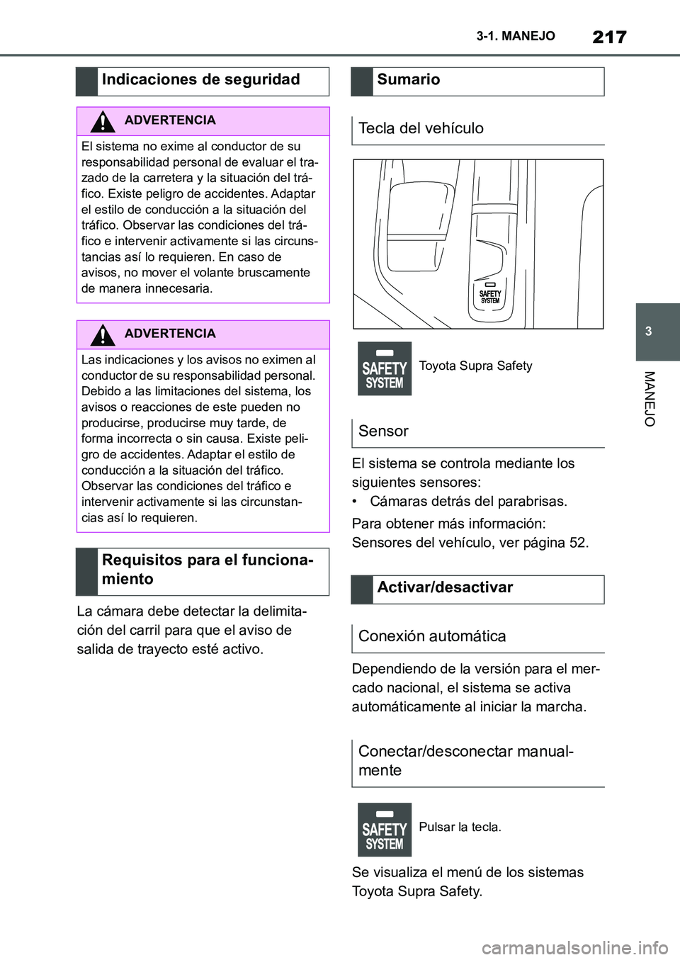 TOYOTA SUPRA 2022  Manuale de Empleo (in Spanish) 217
3 3-1. MANEJO
MANEJO
La cámara debe detectar la delimita-
ción del carril para que el aviso de 
salida de trayecto esté activo.El sistema se controla mediante los 
siguientes sensores:
• Cám