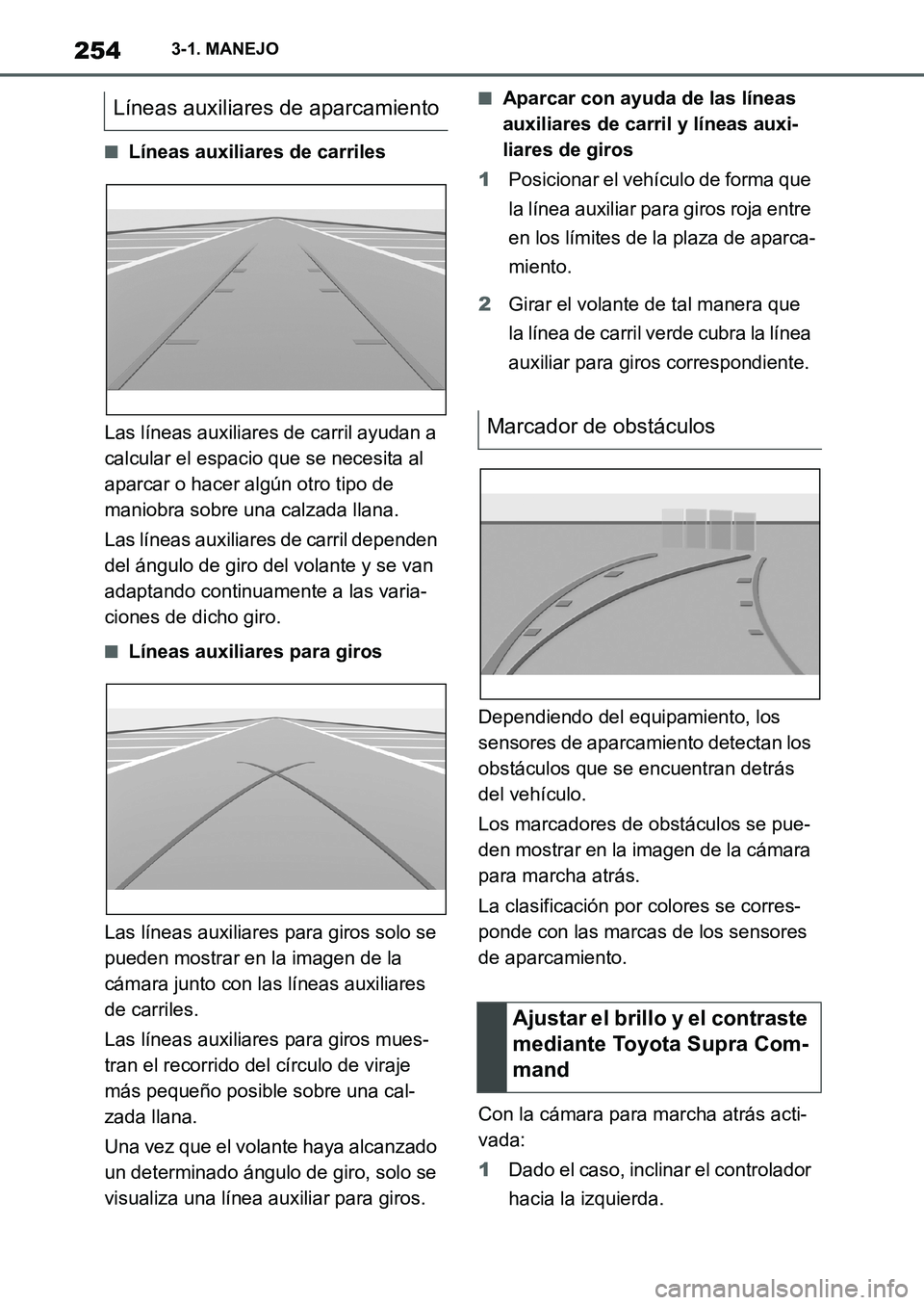 TOYOTA SUPRA 2022  Manuale de Empleo (in Spanish) 2543-1. MANEJO
■Líneas auxiliares de carriles
Las líneas auxiliares de carril ayudan a 
calcular el espacio que se necesita al 
aparcar o hacer algún otro tipo de 
maniobra sobre una calzada llan