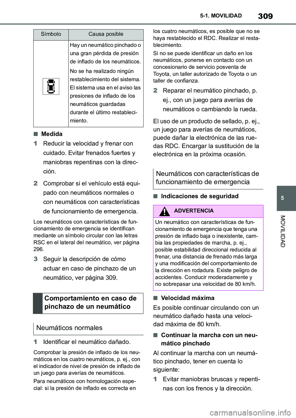 TOYOTA SUPRA 2022  Manuale de Empleo (in Spanish) 309
5 5-1. MOVILIDAD
MOVILIDAD
■Medida
1Reducir la velocidad y frenar con 
cuidado. Evitar frenados fuertes y 
maniobras repentinas con la direc-
ción.
2Comprobar si el vehículo está equi-
pado c