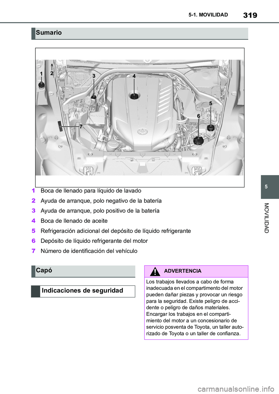 TOYOTA SUPRA 2022  Manuale de Empleo (in Spanish) 319
5 5-1. MOVILIDAD
MOVILIDAD
1Boca de llenado para líquido de lavado
2Ayuda de arranque, polo negativo de la batería
3Ayuda de arranque, polo positivo de la batería
4Boca de llenado de aceite
5Re