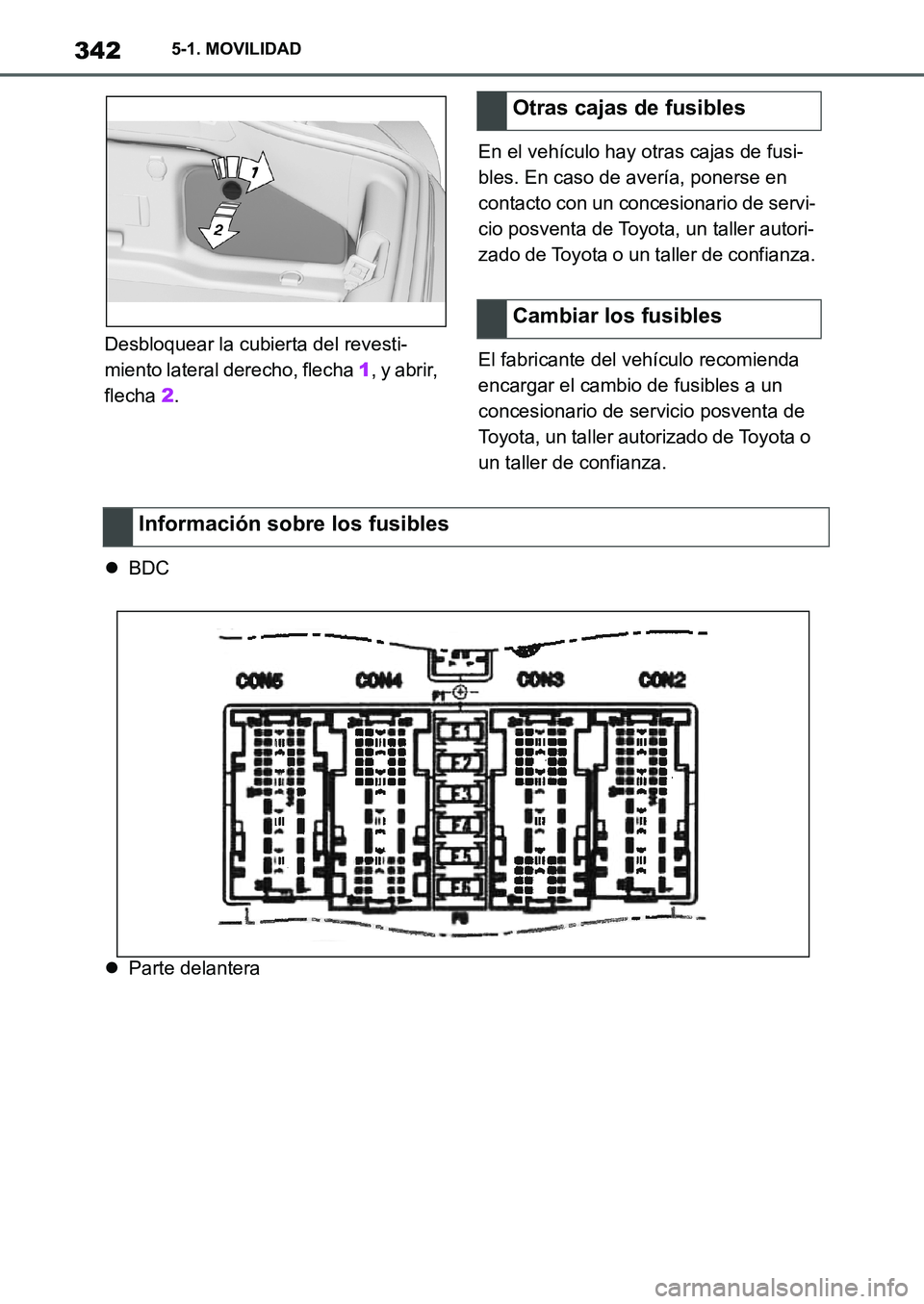 TOYOTA SUPRA 2022  Manuale de Empleo (in Spanish) 3425-1. MOVILIDAD
Desbloquear la cubierta del revesti-
miento lateral derecho, flecha 1, y abrir, 
flecha 2.En el vehículo hay otras cajas de fusi-
bles. En caso de avería, ponerse en 
contacto con 