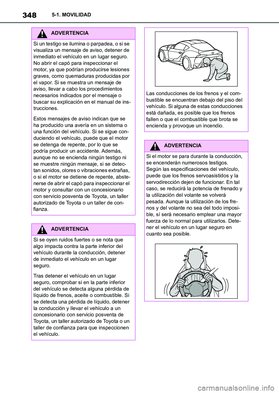 TOYOTA SUPRA 2022  Manuale de Empleo (in Spanish) 3485-1. MOVILIDAD
ADVERTENCIA
Si un testigo se ilumina o parpadea, o si se 
visualiza un mensaje de aviso, detener de 
inmediato el vehículo en un lugar seguro. 
No abrir el capó para inspeccionar e