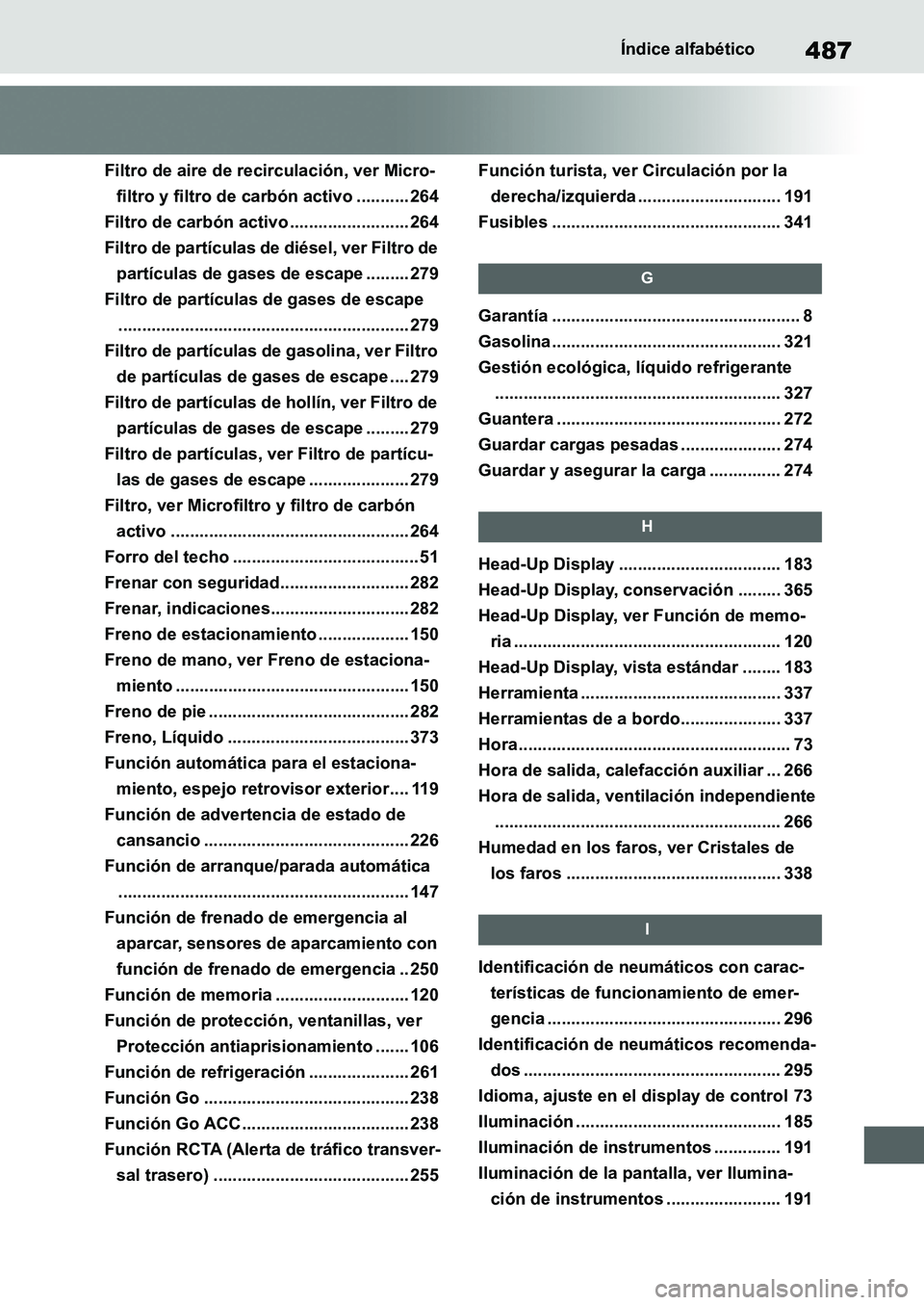 TOYOTA SUPRA 2022 Manuale de Empleo (in Spanish) 487Índice alfabético
Filtro de aire de recirculación, ver Micro-
filtro y filtro de carbón activo ........... 264
Filtro de carbón activo ......................... 264
Filtro de partículas de di TOYOTA SUPRA 2022 Manuale de Empleo (in Spanish) 487Índice alfabético
Filtro de aire de recirculación, ver Micro-
filtro y filtro de carbón activo ........... 264
Filtro de carbón activo ......................... 264
Filtro de partículas de di