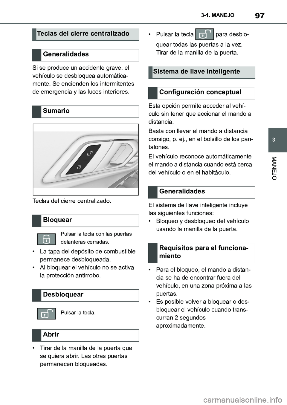 TOYOTA SUPRA 2022  Manuale de Empleo (in Spanish) 97
3 3-1. MANEJO
MANEJO
Si se produce un accidente grave, el 
vehículo se desbloquea automática-
mente. Se encienden los intermitentes 
de emergencia y las luces interiores.
Teclas del cierre centra