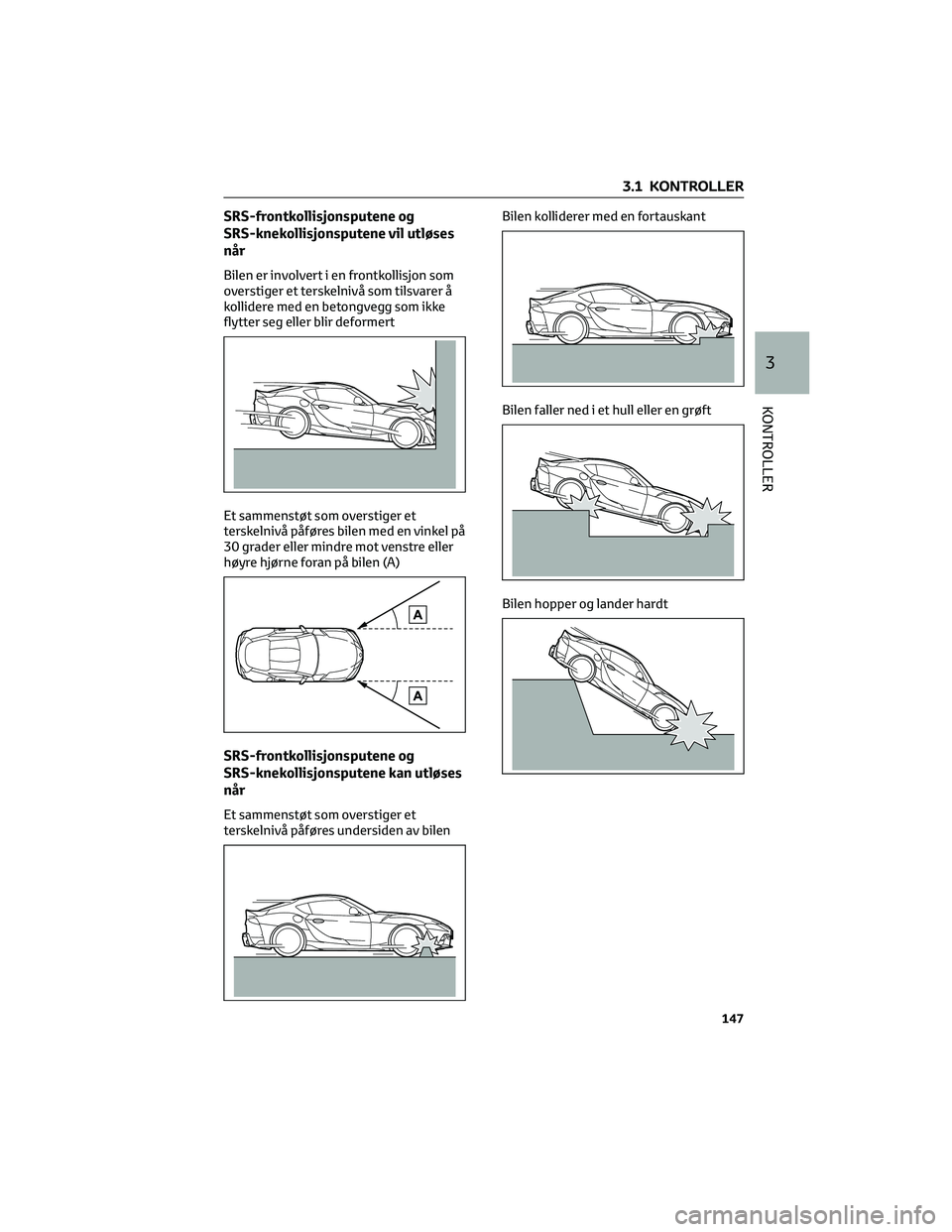 TOYOTA SUPRA 2022  Instruksjoner for bruk (in Norwegian) SRS-frontkollisjonsputene og
SRS-knekollisjonsputene vil utløses
når
Bilen er involvert i en frontkollisjon som
overstiger et terskelnivå som tilsvarer å
kollidere med en betongvegg som ikke
flytt