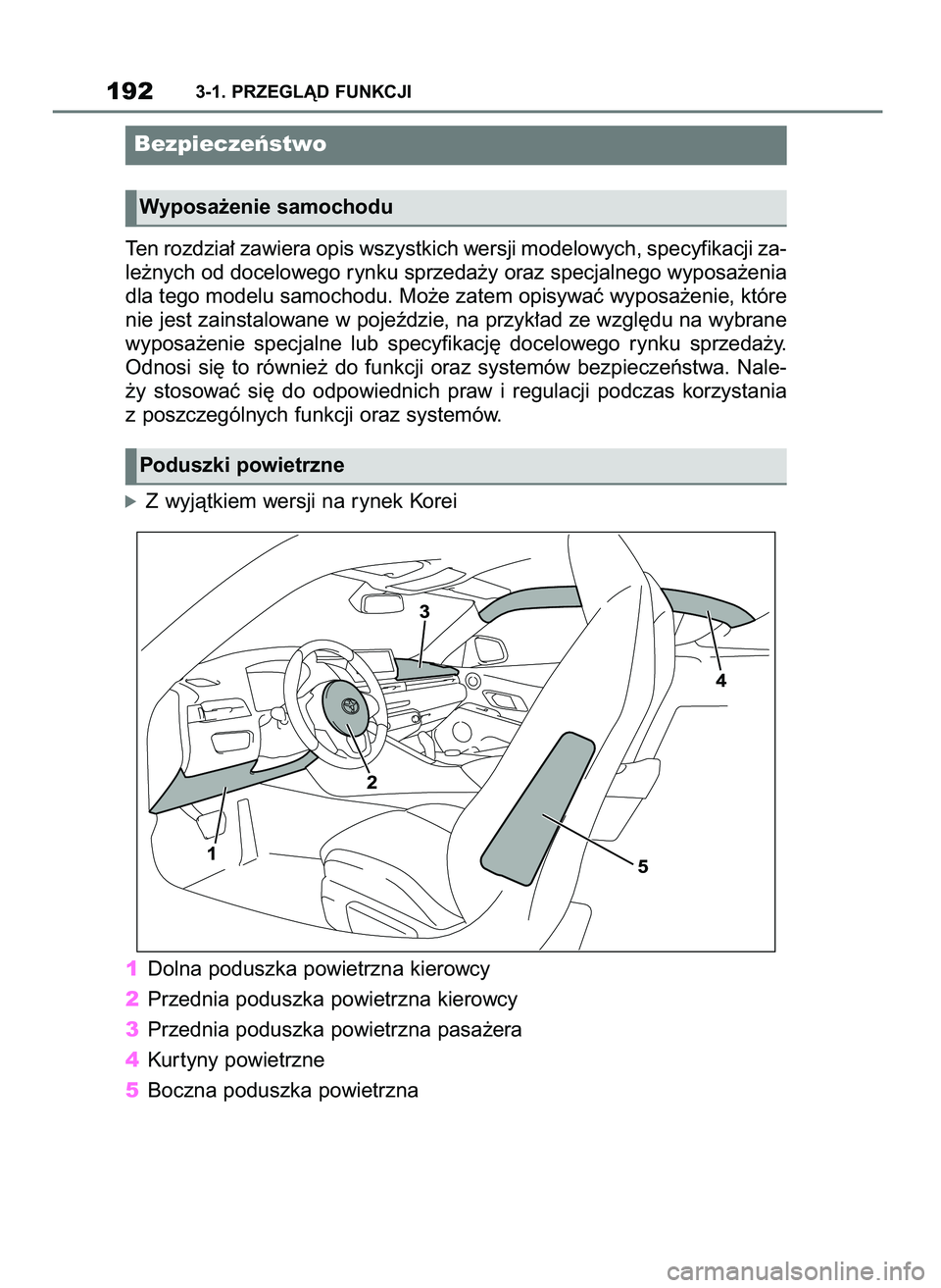 TOYOTA SUPRA 2022  Instrukcja obsługi (in Polish) Ten rozdzia∏ zawiera opis wszystkich wersji modelowych, specyfikacji za-
le˝nych od docelowego rynku sprzeda˝y oraz specjalnego wyposa˝enia
dla tego modelu samochodu. Mo˝e zatem opisywaç wyposa