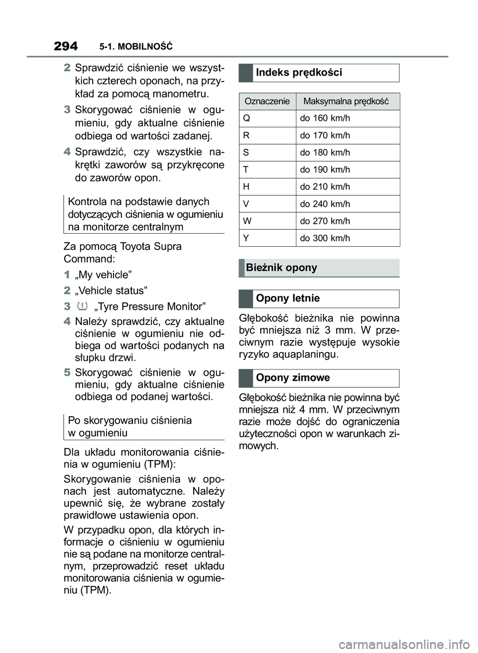 TOYOTA SUPRA 2022 Instrukcja obsługi (in Polish) 2Sprawdziç ciÊnienie we wszyst-
kich czterech oponach, na przy-
k∏ad za pomocà manometru.
3Skorygowaç ciÊnienie w ogu-
mieniu, gdy aktualne ciÊnienie
odbiega od war toÊci zadanej.
4Sp TOYOTA SUPRA 2022 Instrukcja obsługi (in Polish) 2Sprawdziç ciÊnienie we wszyst-
kich czterech oponach, na przy-
k∏ad za pomocà manometru.
3Skorygowaç ciÊnienie w ogu-
mieniu, gdy aktualne ciÊnienie
odbiega od war toÊci zadanej.
4Sp
