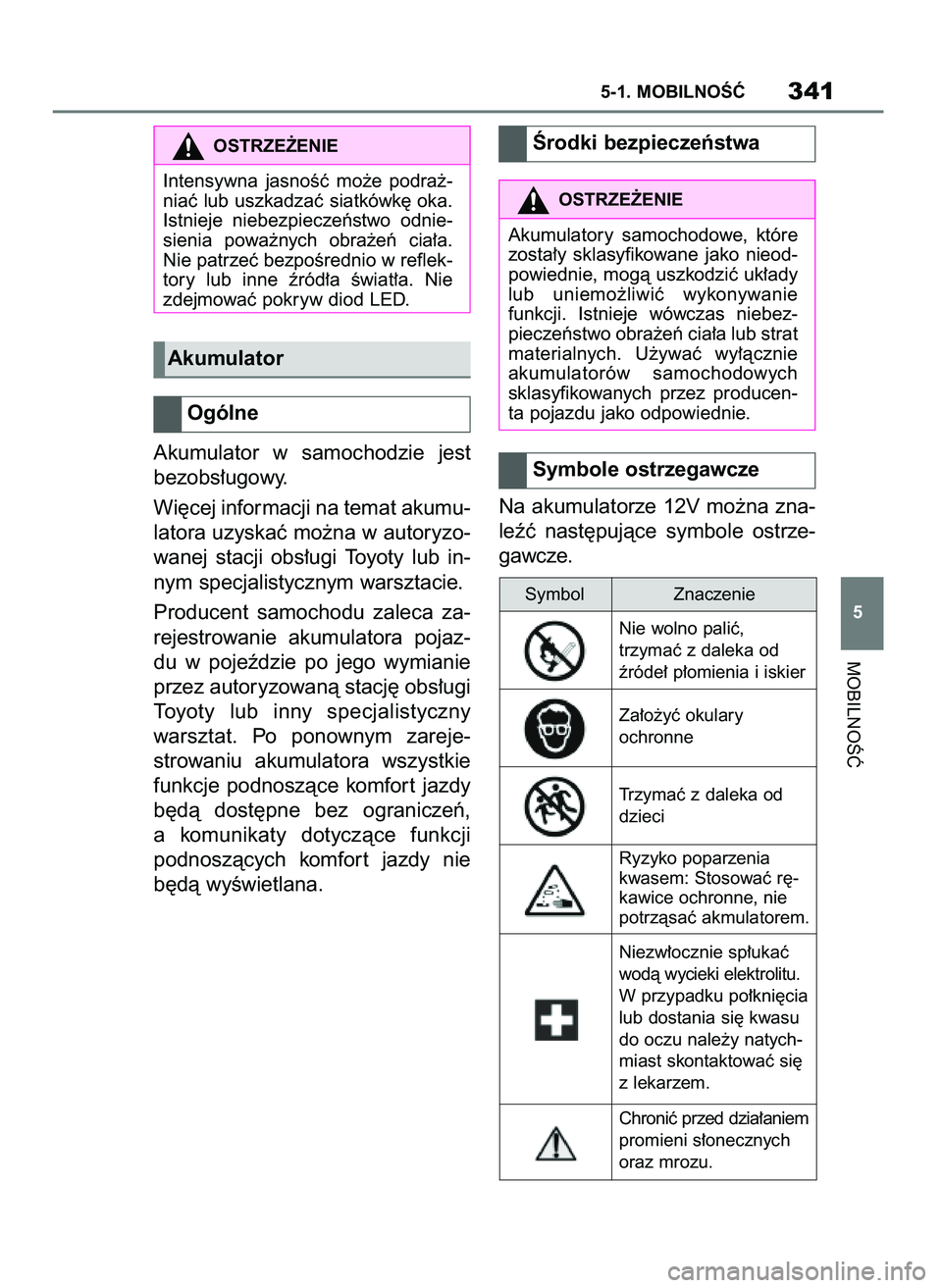 TOYOTA SUPRA 2022 Instrukcja obsługi (in Polish) Akumulator w samochodzie jest
bezobs∏ugowy.
Wi´cej informacji na temat akumu-
latora uzyskaç mo˝na w autoryzo-
wanej stacji obs∏ugi Toyoty lub in-
nym specjalistycznym warsztacie.
Produc TOYOTA SUPRA 2022 Instrukcja obsługi (in Polish) Akumulator w samochodzie jest
bezobs∏ugowy.
Wi´cej informacji na temat akumu-
latora uzyskaç mo˝na w autoryzo-
wanej stacji obs∏ugi Toyoty lub in-
nym specjalistycznym warsztacie.
Produc