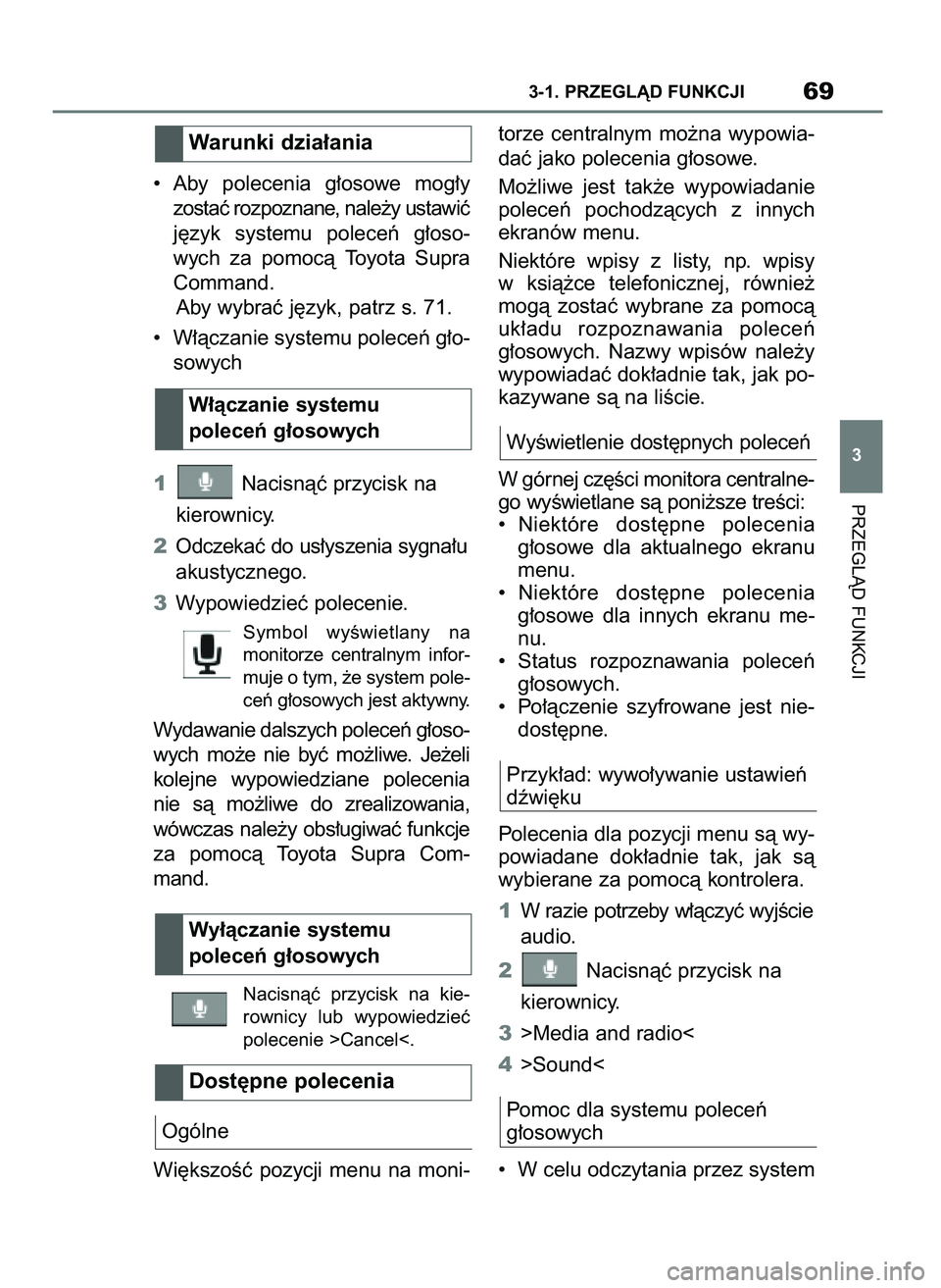 TOYOTA SUPRA 2022  Instrukcja obsługi (in Polish) •  Aby  polecenia  g∏osowe  mog∏y
zostaç rozpoznane, nale˝y ustawiç
j´zyk  systemu  poleceƒ  g∏oso-
wych  za  pomocà  Toyota  Supra
Command.
Aby wybraç j´zyk, patrz s. 71.
•  W∏àc