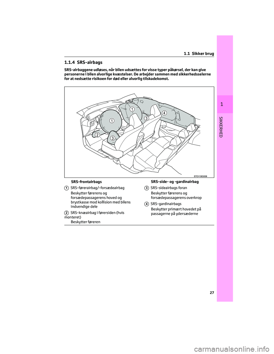 TOYOTA C-HR 2022  Brugsanvisning (in Danish) 1.1.4 SRS-airbags
SRS-airbaggene udløses, når bilen udsættes for visse typer påkørsel, der kan give
personerne i bilen alvorlige kvæstelser. De arbejder sammen med sikkerhedsselerne
for at neds