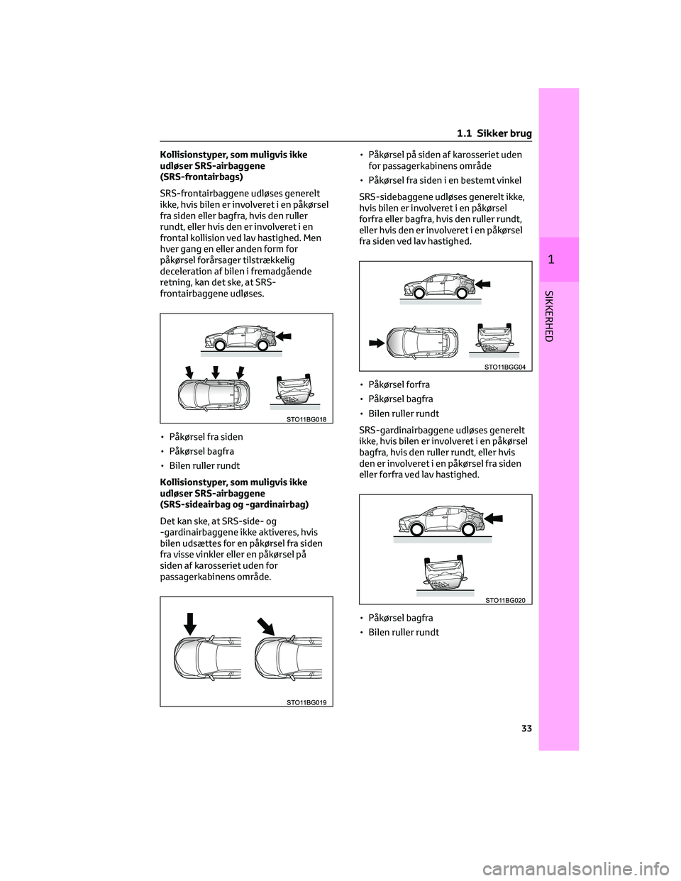 TOYOTA C-HR 2022  Brugsanvisning (in Danish) Kollisionstyper, som muligvis ikke
udløser SRS-airbaggene
(SRS-frontairbags)
SRS-frontairbaggene udløses generelt
ikke, hvis bilen er involveret i en påkørsel
fra siden eller bagfra, hvis den rull