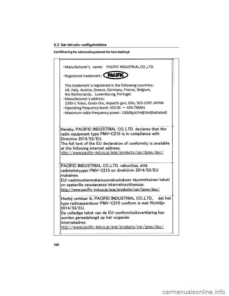 TOYOTA C-HR 2022  Brugsanvisning (in Danish) Certificering for advarselssystemet for lavt dæktryk
6.3 Gør det selv-vedligeholdelse
386 