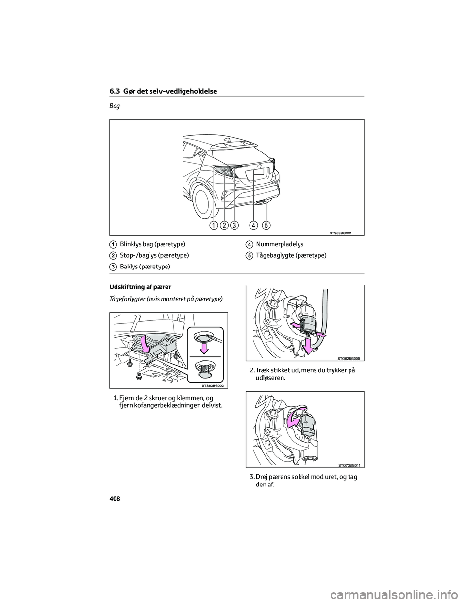 TOYOTA C-HR 2022  Brugsanvisning (in Danish) Bag
1Blinklys bag (pæretype)
2Stop-/baglys (pæretype)
3Baklys (pæretype)
4Nummerpladelys
5Tågebaglygte (pæretype)
Udskiftning af pærer
Tågeforlygter (hvis monteret på pæretype)
1. Fjern de 2 