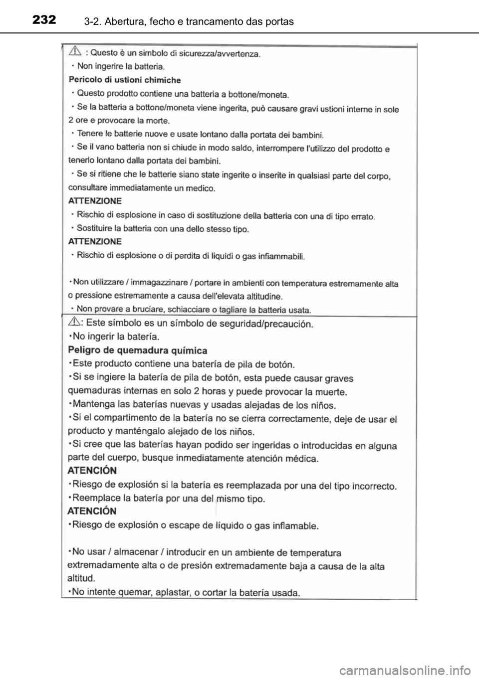 TOYOTA C-HR 2022  Manual de utilização (in Portuguese) 232������$�E�H�U�W�X�U�D���I�H�F�K�R��H��W�U�D�Q�F�D�P�H�Q�W�R��G�D�V��S�R�U�W�D�V 
